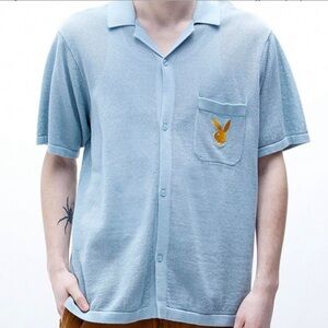 Playboy Cove Knit Camp Shirt in Blue Grey with Yellow Logo
